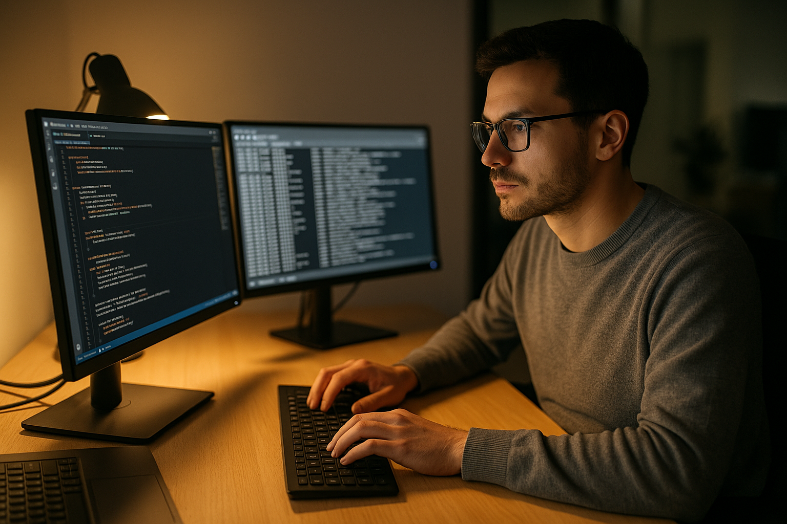 A developer reviewing AI system code at a workstation, representing the need for transparency and independent evaluation in AI development